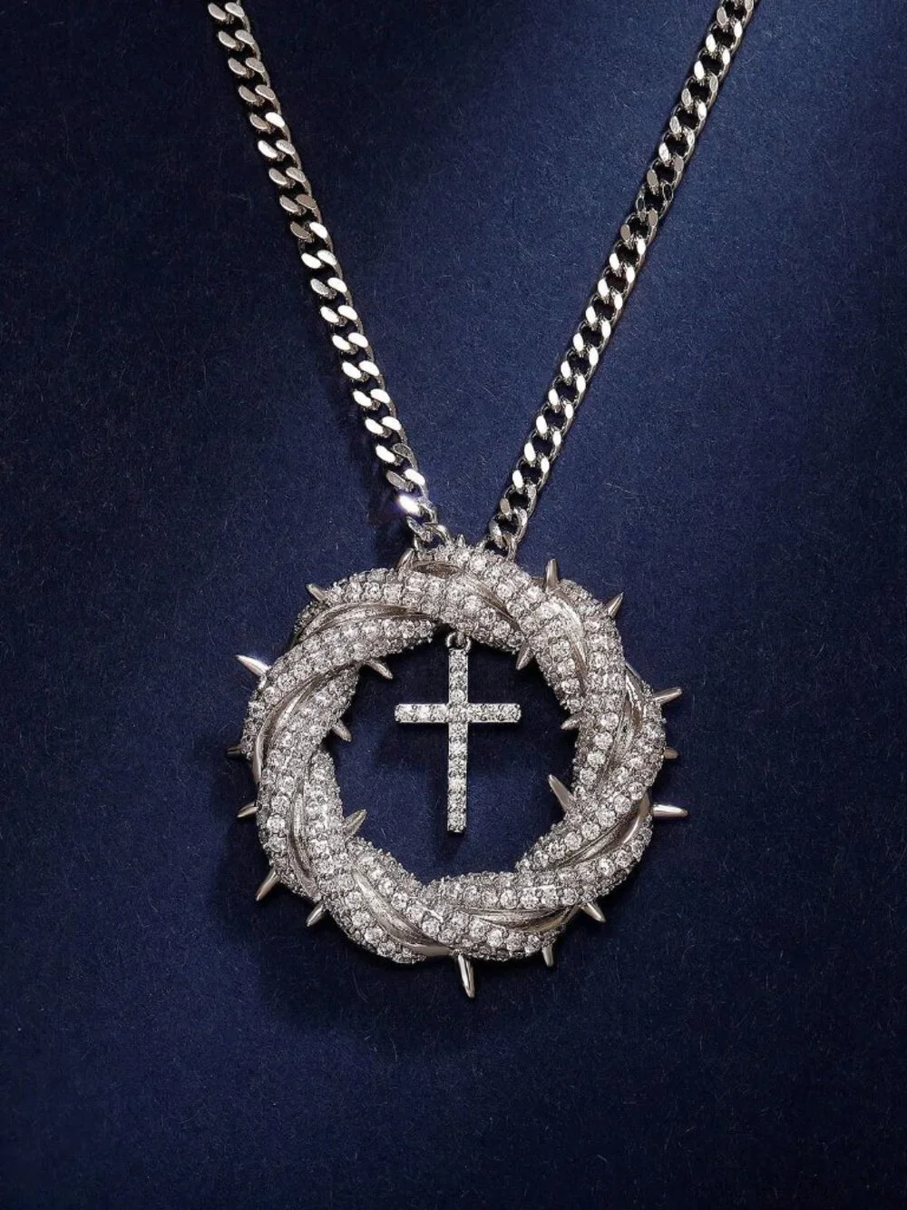 Gold Christian Cross Crown of Thorns Pendant Necklace Faith Statement Jewelry